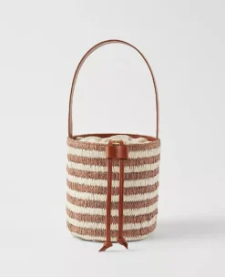 Striped Raffia Bucket Bag with Drawstring Closure