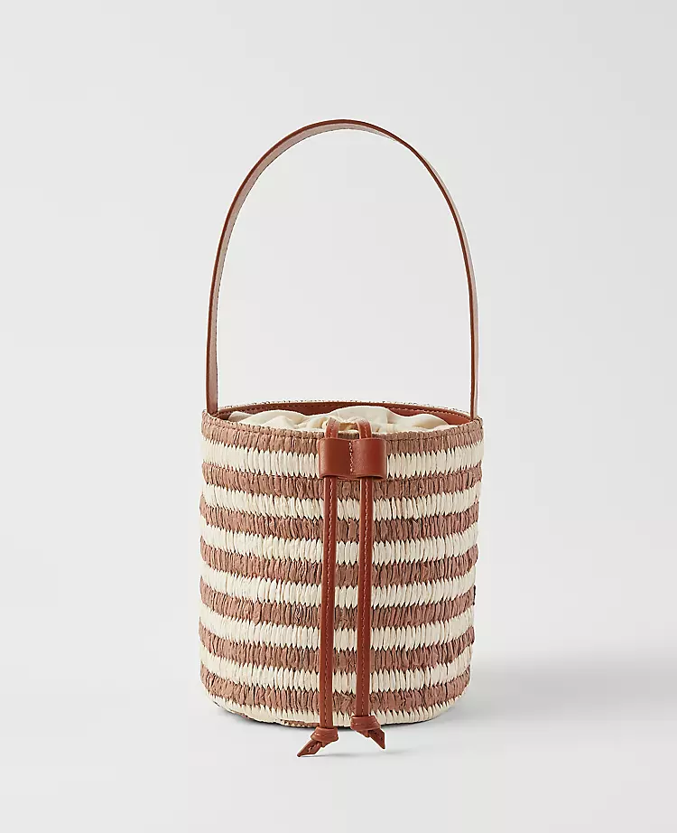 Striped Raffia Bucket Bag with Drawstring Closure 1 Striped Raffia Bucket Bag with Drawstring Closure
