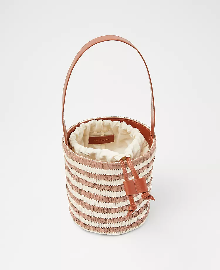 Striped Raffia Bucket Bag with Drawstring Closure 2 Striped Raffia Bucket Bag with Drawstring Closure - Image 2