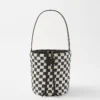 Checkered Raffia Bucket Bag with Drawstring Closure