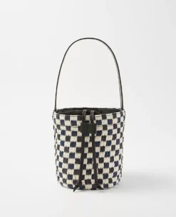 Checkered Raffia Bucket Bag with Drawstring Closure