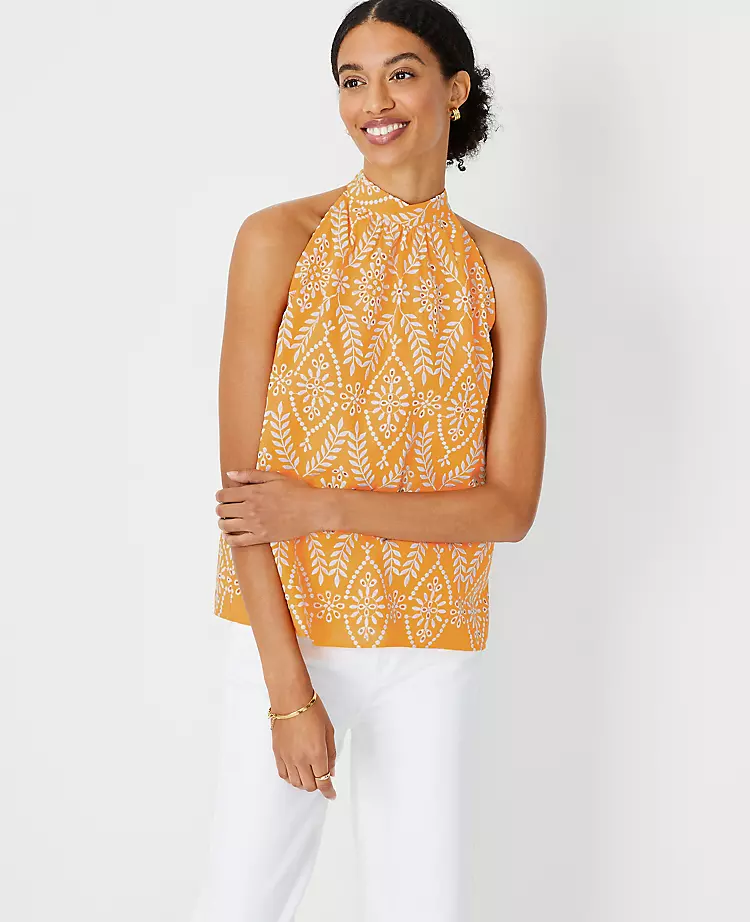 Eyelet Linen Blend Halter Top 1 Eyelet Linen Blend Halter Top