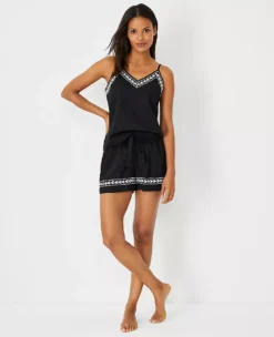 Soft Cotton Embroidered Pajama Set - Breathable Cami and Shorts Sleepwear