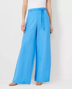 High Waisted Linen Blend Palazzo Pants with Belted Pull-On Waist