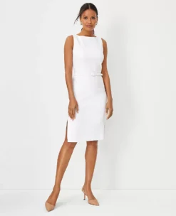 The Belted Boatneck Sheath Dress In Herringbone Linen Blend