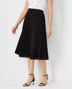 Flowy Eyelet Pleated Midi Skirt in Pure Cotton