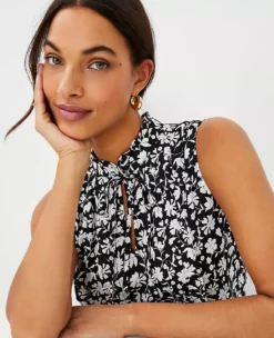 Floral Pintucked Ruffle Split Neck Top