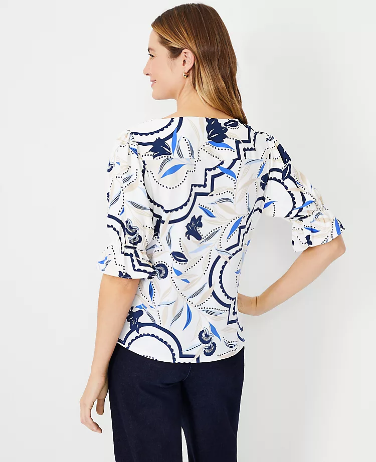 Tile Print Mixed Media Ruffle Puff Sleeve Top 2 Tile Print Mixed Media Ruffle Puff Sleeve Top - Image 2
