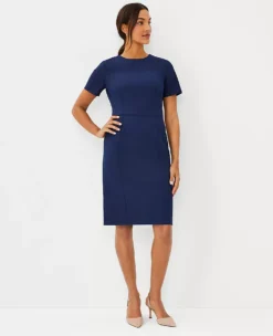 Petite Short Sleeve Bi-Stretch Sheath Dress in Sapphire Blue