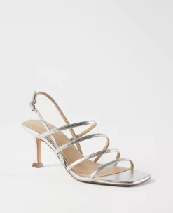 Strappy Metallic Leather Heeled Slingback Sandals with Padded Footbed