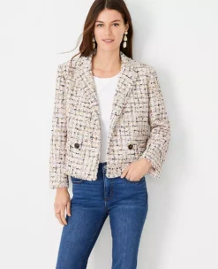 Multicolored Tweed Double Breasted Blazer - Fringed Cropped Jacket