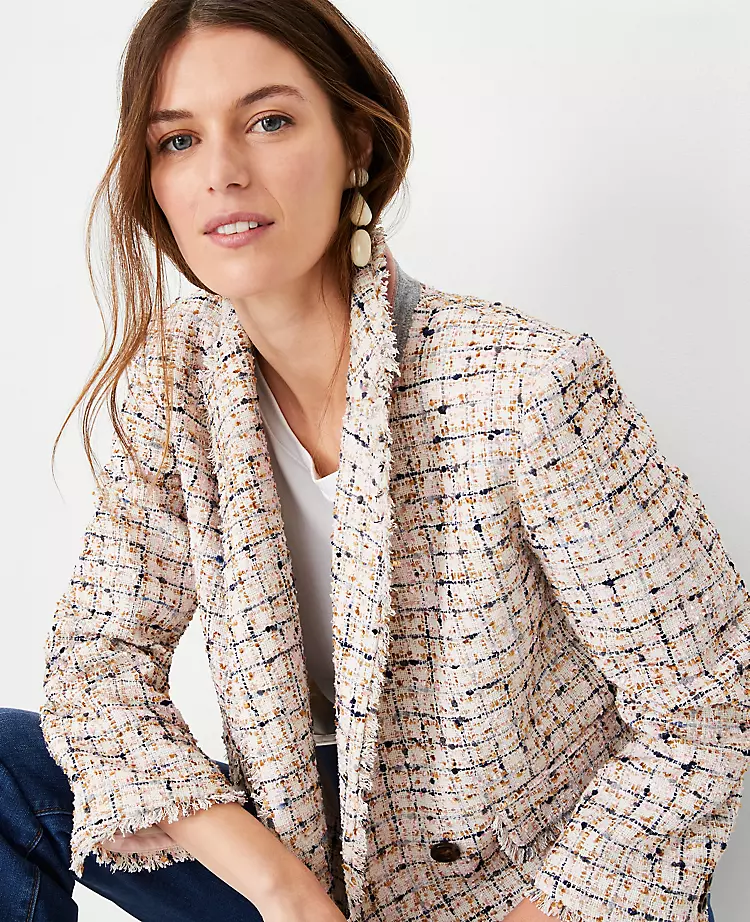 Multicolored Tweed Double Breasted Blazer - Fringed Cropped Jacket 3 Multicolored Tweed Double Breasted Blazer - Fringed Cropped Jacket - Image 3