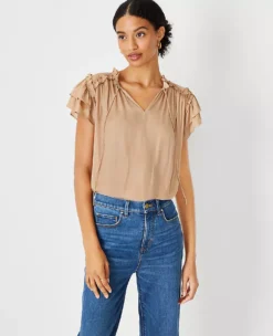 Shimmer Ruffle Tie Neck Mixed Media Top