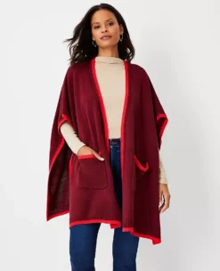 Tipped Pocket Open Front Poncho - Versatile Knit Layering Wrap
