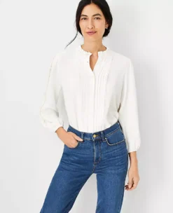 Petite Ruffle Neck Work Blouse - Pintucked Mixed Media Top