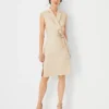 Petite Notched Collar Tie Waist Herringbone Linen Blend Dress