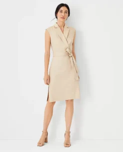 Petite Notched Collar Tie Waist Herringbone Linen Blend Dress