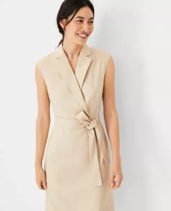 Petite Notched Collar Tie Waist Herringbone Linen Blend Dress -Ann Taylor Store 611210 7879 ALT2