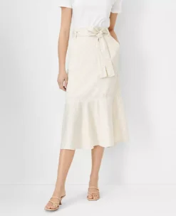 Petite Striped Tie Waist Midi Skirt with Flounce Hem and Pockets