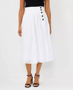 Petite Eyelet Pleated Full Midi Skirt with Button Front