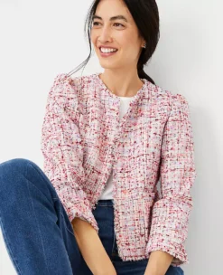Petite Fringe Tweed Puff Sleeve Jacket - Elegant Workwear Blazer -Ann Taylor Store 611391 8581 ALT2