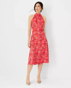 Petite Floral Tie Neck Sleeveless Flare Dress for Work