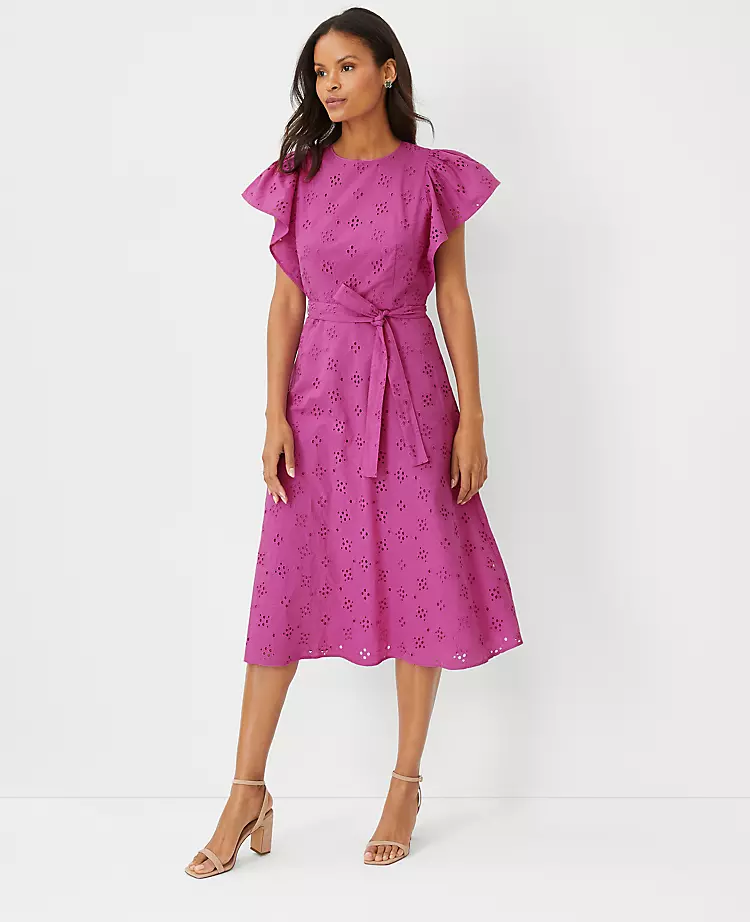Petite Eyelet Flutter Sleeve Belted Midi Dress 1 Petite Eyelet Flutter Sleeve Belted Midi Dress