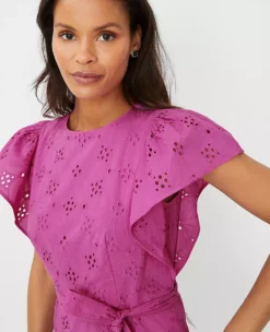 Petite Eyelet Flutter Sleeve Belted Midi Dress 6 Petite Eyelet Flutter Sleeve Belted Midi Dress -Ann Taylor Store 611467 8376 ALT2