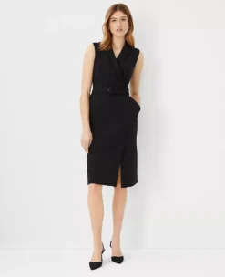 Petite Belted Lapel Work Dress - Sleeveless Fit & Flare Professional Wear