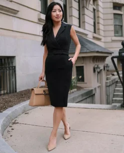 Petite Belted Lapel Work Dress - Sleeveless Fit & Flare Professional Wear -Ann Taylor Store 611470 2222 MKTG1