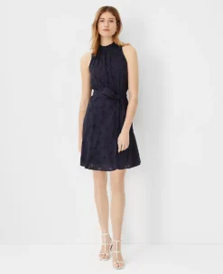 Petite Eyelet Mock Neck Belted Flare Dress