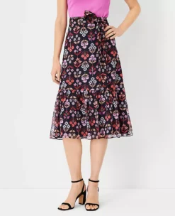 Petite Floral Tie Waist Flounce Midi Skirt with Shirred Hem