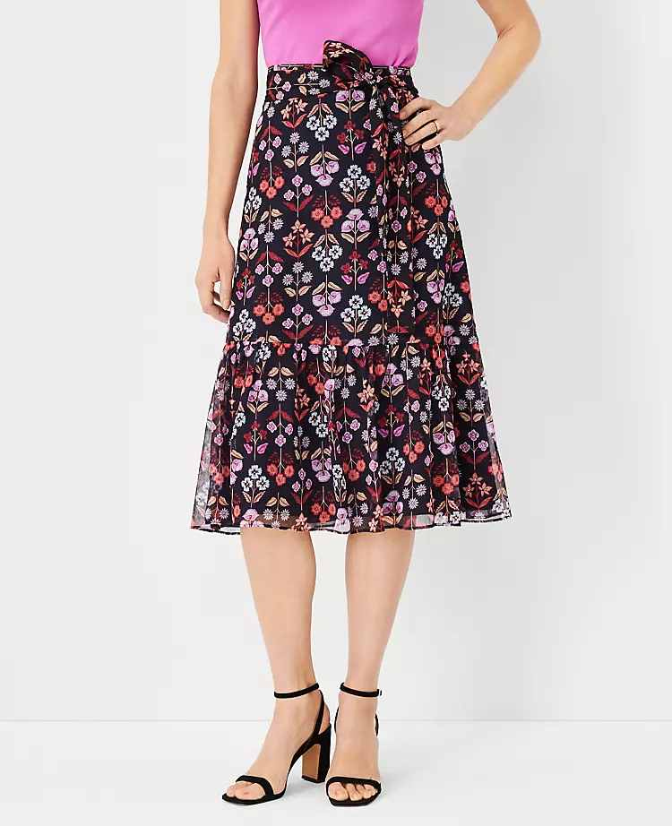 Petite Floral Tie Waist Flounce Midi Skirt with Shirred Hem 1 Petite Floral Tie Waist Flounce Midi Skirt with Shirred Hem
