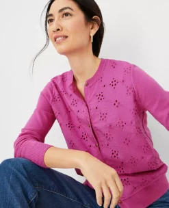 Ann Taylor Petite Mixed Media Eyelet Ann Cardigan 5 Ann Taylor Petite Mixed Media Eyelet Ann Cardigan -Ann Taylor Store 612096 8376 ALT2
