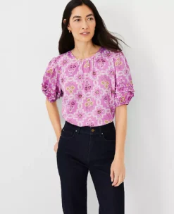 Petite Tile Print Mini Ruffle Sleeve Top with Jewel Neck
