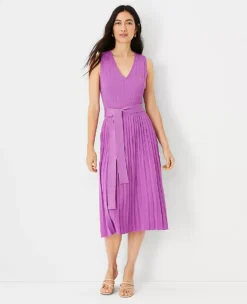 Petite Ribbed V-Neck Belted Sweater Dress