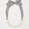 Elegant Plaid Bow Beaded Necklace with Mixed Media Ribbon Accent