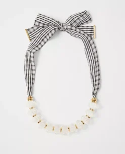 Elegant Plaid Bow Beaded Necklace with Mixed Media Ribbon Accent