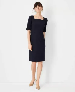 Square Neck Elbow Sleeve Business Dress in Deep Navy Sky Stretch Fabric