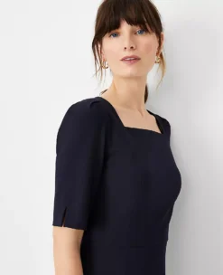 Square Neck Elbow Sleeve Business Dress in Deep Navy Sky Stretch Fabric -Ann Taylor Store 612798 1934 ALT2