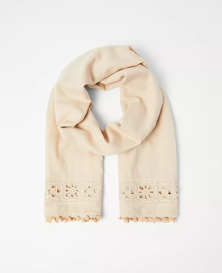 Lightweight Cotton Scarf with Embroidered Pom Pom Trim - 32" x 76" 1 Lightweight Cotton Scarf with Embroidered Pom Pom Trim - 32" x 76"
