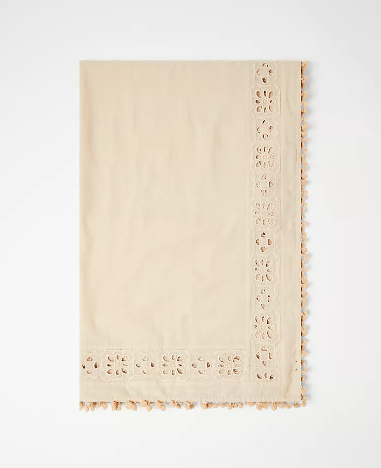 Lightweight Cotton Scarf with Embroidered Pom Pom Trim - 32" x 76" 2 Lightweight Cotton Scarf with Embroidered Pom Pom Trim - 32" x 76" - Image 2