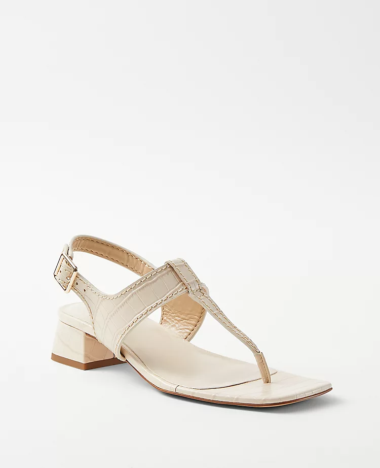 Embossed Leather T-Strap Low Block Heel Sandals 1 Embossed Leather T-Strap Low Block Heel Sandals
