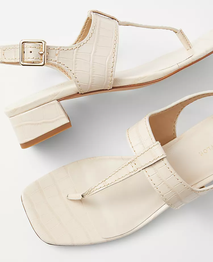 Embossed Leather T-Strap Low Block Heel Sandals 2 Embossed Leather T-Strap Low Block Heel Sandals - Image 2