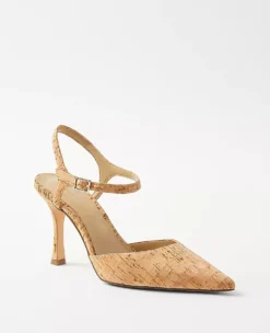 Cork Ankle Strap Pumps - Elegant Pointed Toe Mid-Heel Shoes