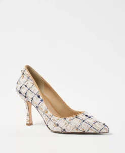 Multicolored Tweed Pumps with Elegant Curved Heel and Padded Footbed