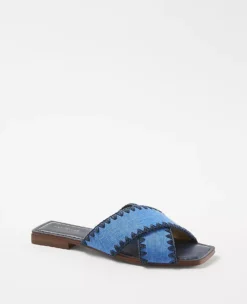 Crossover Stitched Denim Slide Sandals for Women