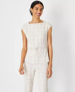 Plaid Belted Envelope Boatneck Top - Tailored Office Blouse