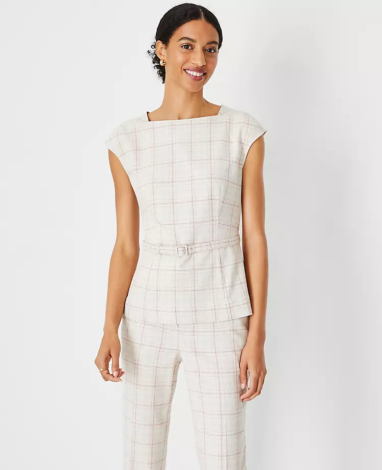 Plaid Belted Envelope Boatneck Top - Tailored Office Blouse 1 Plaid Belted Envelope Boatneck Top - Tailored Office Blouse