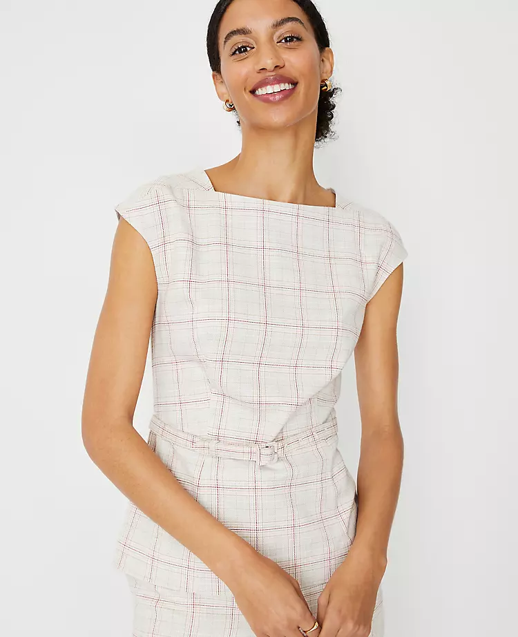 Plaid Belted Envelope Boatneck Top - Tailored Office Blouse 3 Plaid Belted Envelope Boatneck Top - Tailored Office Blouse - Image 3